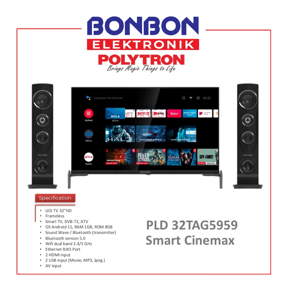Polytron LED Smart TV 32 Inch PLD 32TAG5959 Android Tower Speaker