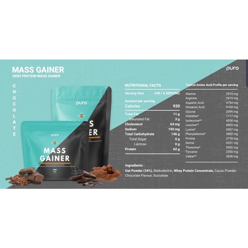 Puro mass gainer 300 gr gram 600 900 1200 gram penambah berat badan lean mass nmass gainer