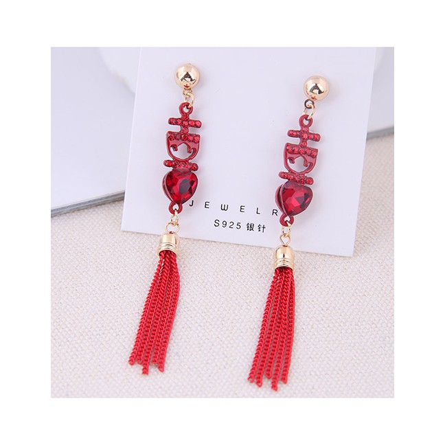 LRC Anting Tusuk Fashion Red 925 Silver Pin Love Tassel Earrings A59877