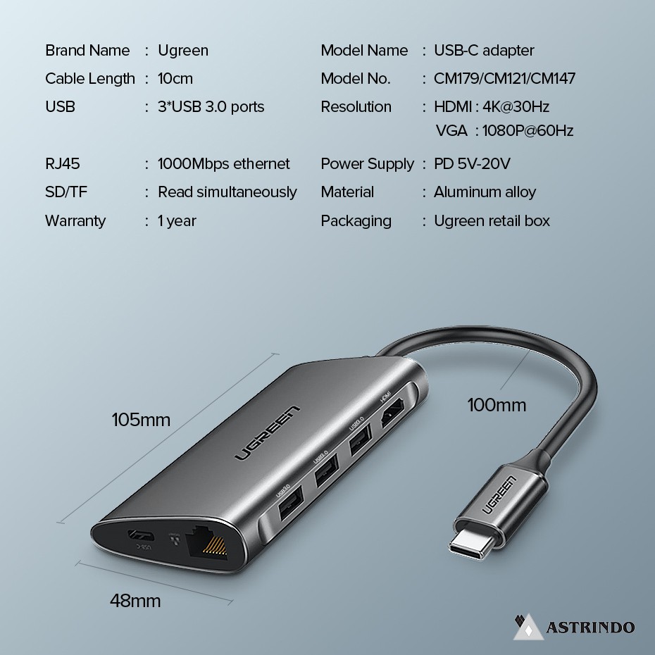 UGREEN 9in1 USB Hub Type C (USB-A, LAN, HDMI, VGA, SDCard, PD) - CM179