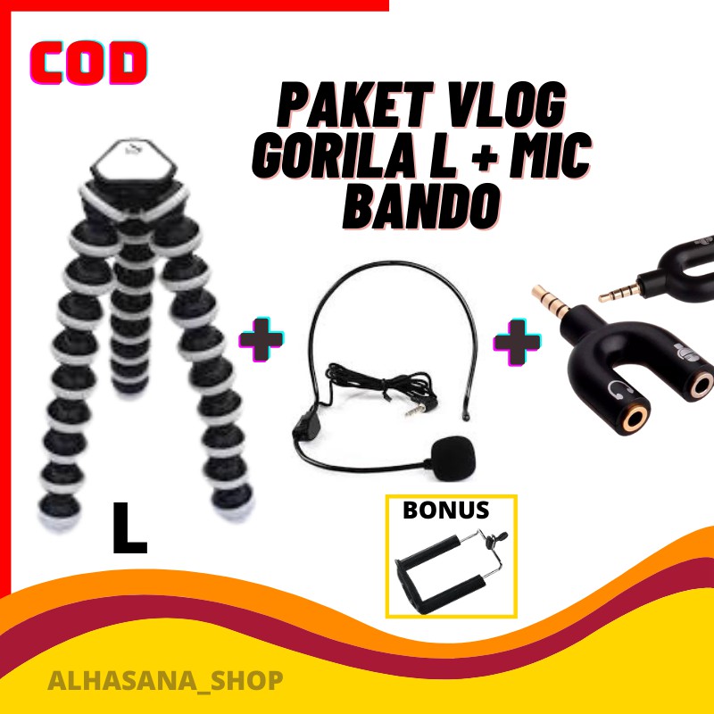 PAKET REKAM VLOG TRIPOD GORILLAPOD BESAR L/GORILA POD FLEXIBLE/MIC CLIP ON BANDO/AUDIO SPLITER