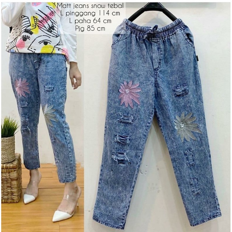 Baggy Jeans Celana Bordir Koreans Style Karet Muter Best Seller lovipant Cempaka Wajika Pita Snow Light Snow Black