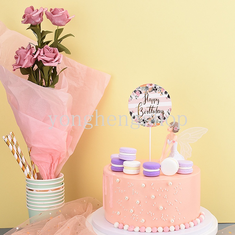 Topper Kue Desain Karangan Bunga Tulisan Happy Birthday Untuk Dekorasi Baby Shower