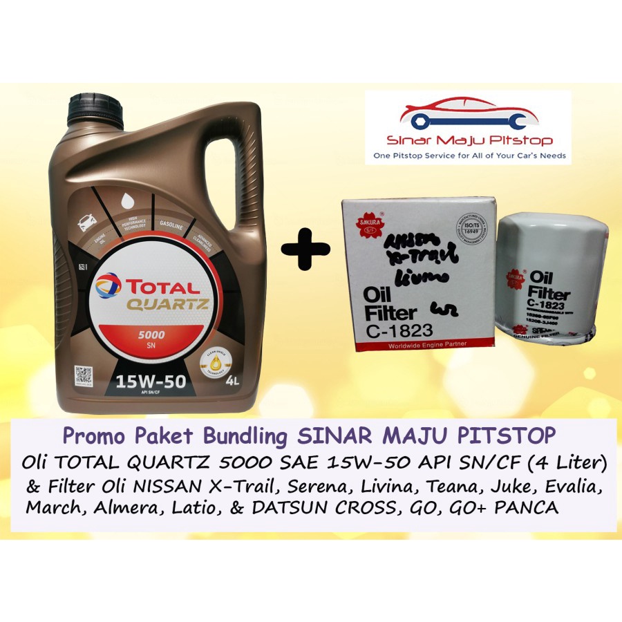 Paket Bundling Oli TOTAL QUARTZ 5000 SAE 15W-50 API SN/CF Original 4 Liter MADE IN SINGAPORE & Filte