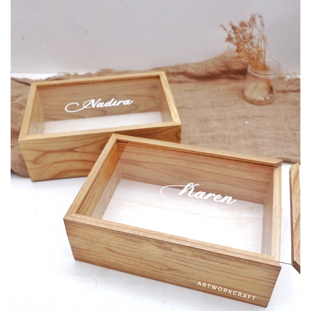 Kotak Box Kayu SLIDING ACRYLIC NATURAL/ Box Bridesmaid Groomsman / Box Hampers Kayu Manyue Tingjing 