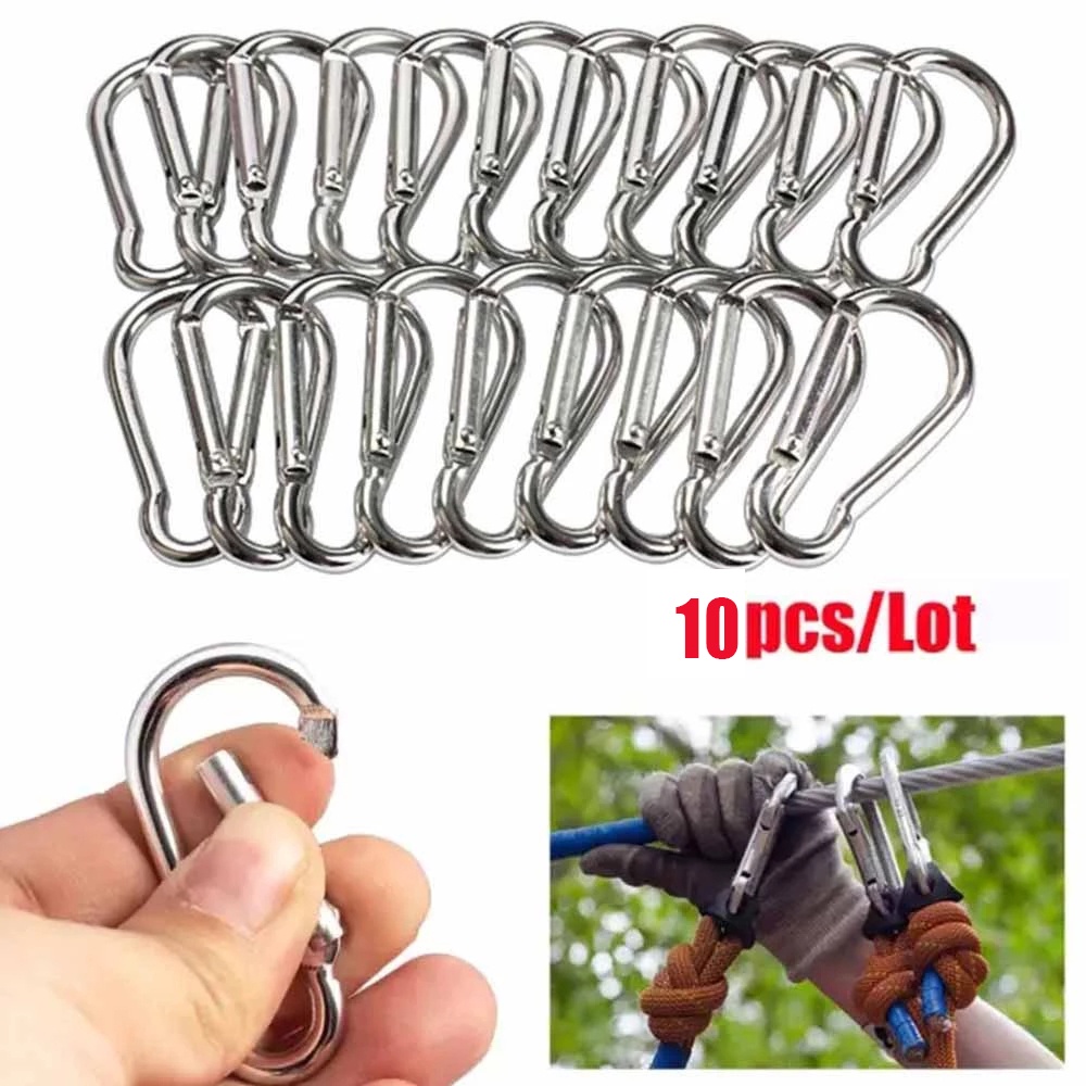 10 Pcs Carabiner Bentuk D Bahan Stainless Steel Untuk Camping / Climbing / Hiking