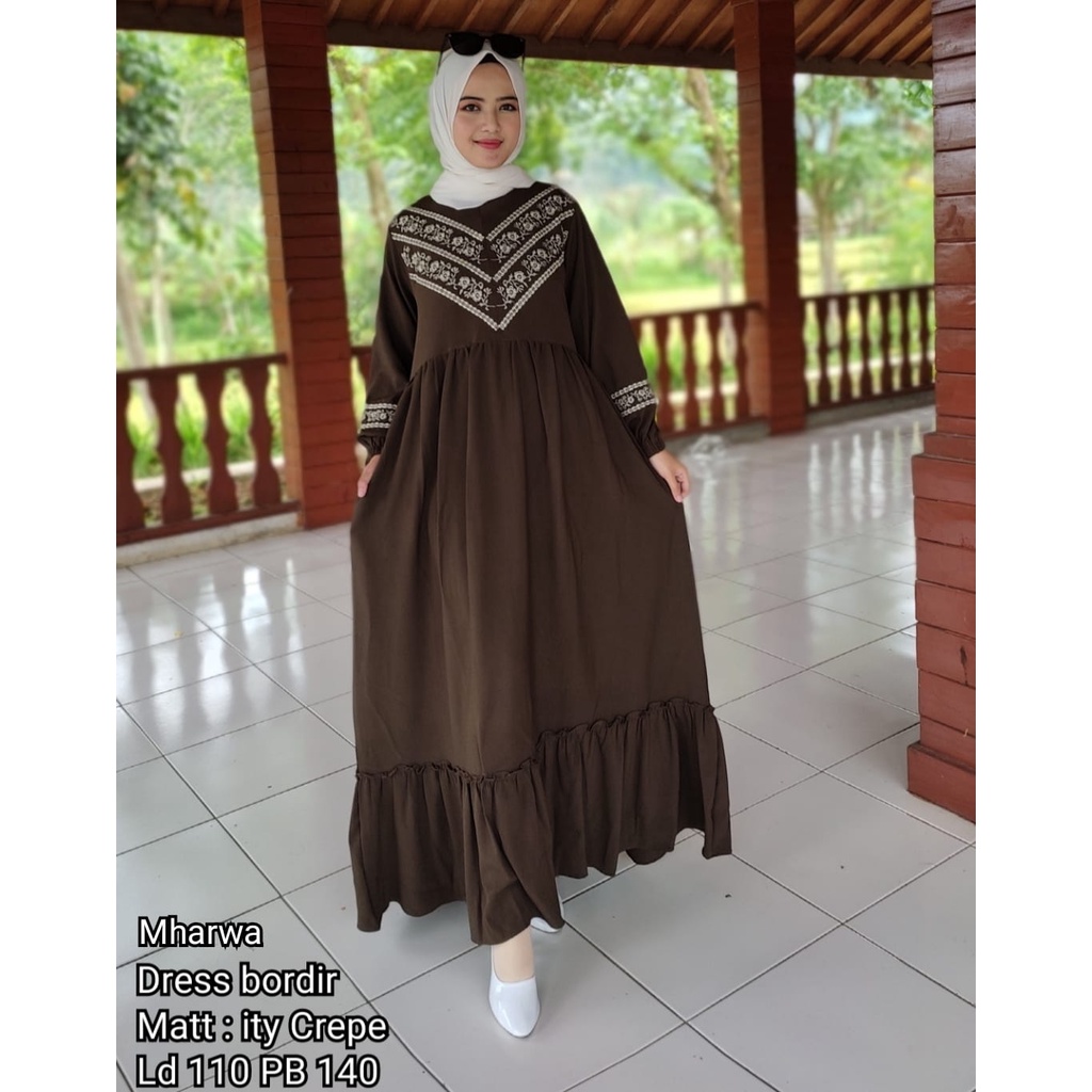 MHARWA MEDINA GAMIS BORDIER BY KANAYA ITYCREPE BAJU DRESS GAMIS BORDIR TERBARU MUSLIMAH FASHION MURAH