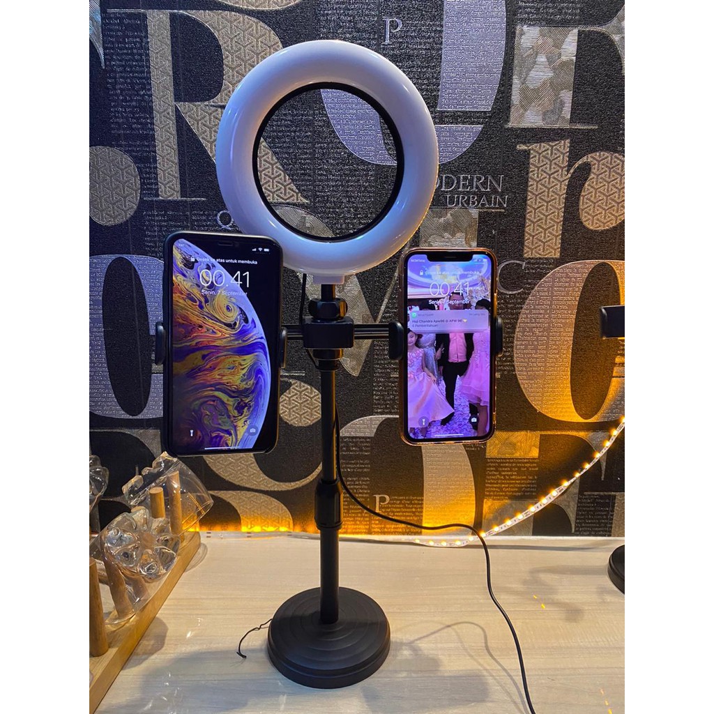 HOLDER STAND 3IN1 B1 PLUS RING LIGHT BISA 2 HP STANDING HP TIKTOK YOUTUBER LIVE DUA HAPE