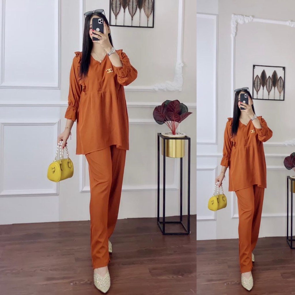 One Set Tunic Andin Ruflle || Resleting Depan Busui Frendy || Baju Wanita || Rayon Super-1