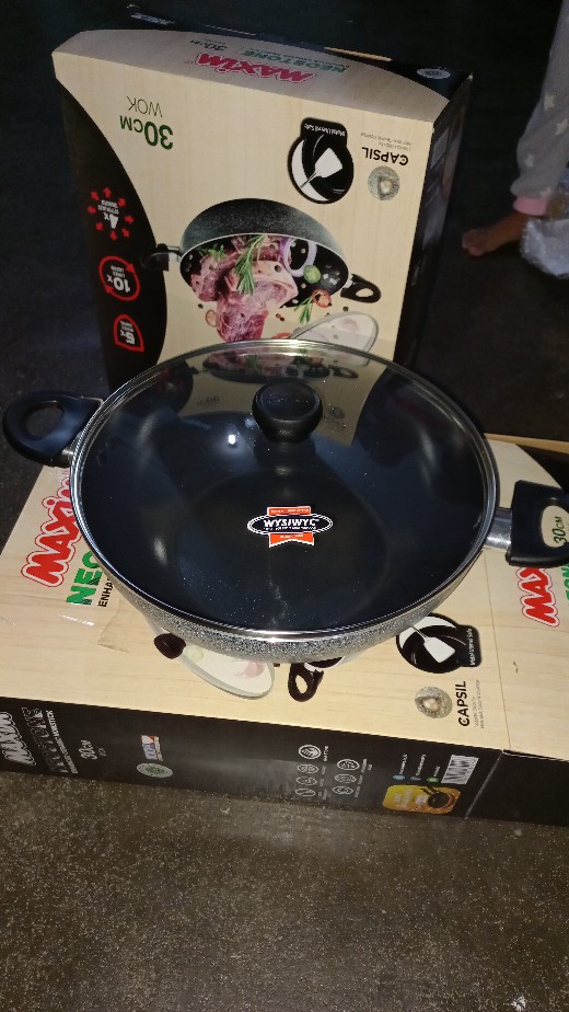 Maxim Neostone Kuali Keramik 30 Cm Wok - Kuali Anti Lengket Marble Ceramic / Panci Keramik + Tutup Kaca