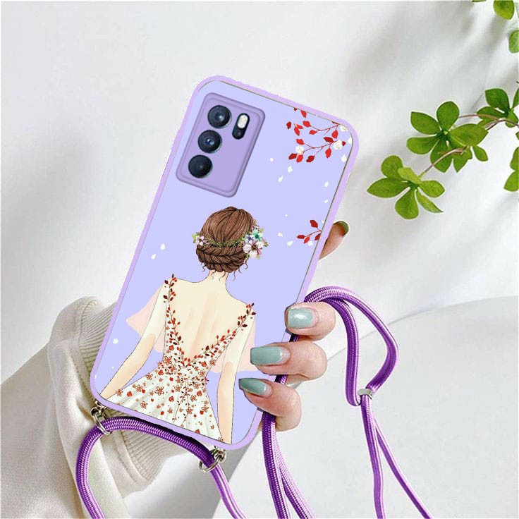 Softcase Kaca Ungu/Lilack + Tali Oppo A16 Oppo A54 Oppo A15 Oppo A5s Reno 5 Reno 5F Reno 6 (4G) | so