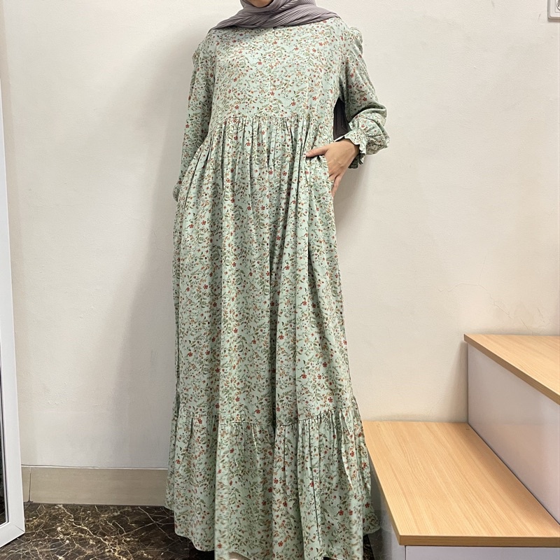 [SIZE STANDAR VOL 1] Floral dress maxi dress panjang gaun casual bunga wanita-Pistachio