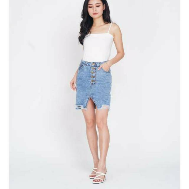 ROK SPAN JEANS/ROK MINI KOREA/ROK PENDEK KOREA/ROK JEANS PENDEK/ELONZA ROK RIPPED MIDI SKIRT