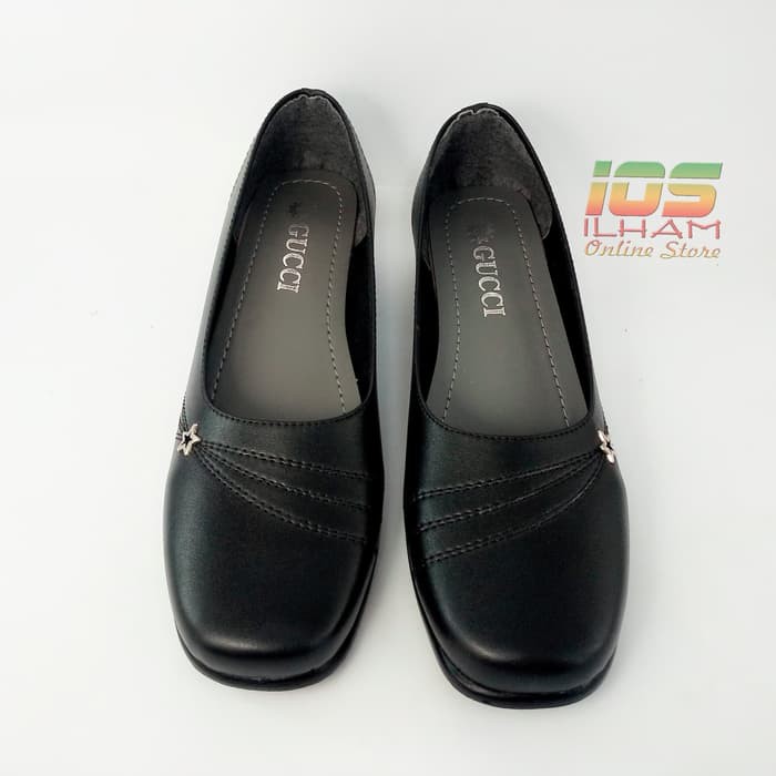 Guci KO3 Sepatu Pantofel Wanita Guru Sekolah Kerja Kantor Hak 3cm Size 37-40 Hitam