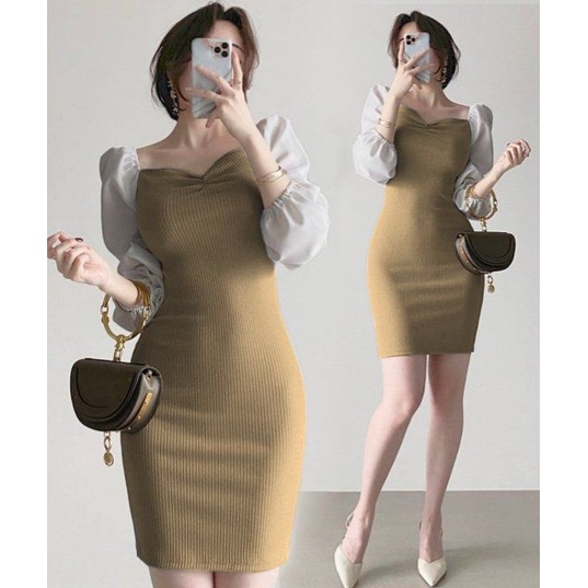 Basic id fashion Dres wanita rajut Bodycon / Korean dres rajut