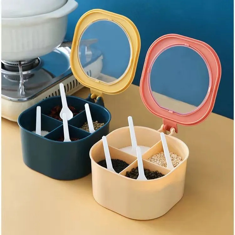 Hot Sale/Tempat Bumbu Plastik 4in1 Dengan Sendok/Toples Bumbu Garam Merica Dengan Tutup/Kotak Penyimpanan Bumbu/Spice Boxs Kitchen Storage Organizer