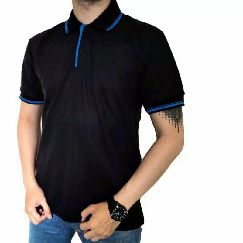 KAOS POLO PRIA KAOS KERAH KOMBINASI HITAM LIST BIRU XL