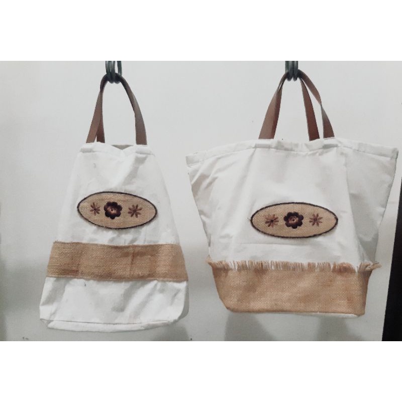 PRELOVED Tas Kanvas Totebag Wanita Handle Bahan Kulit