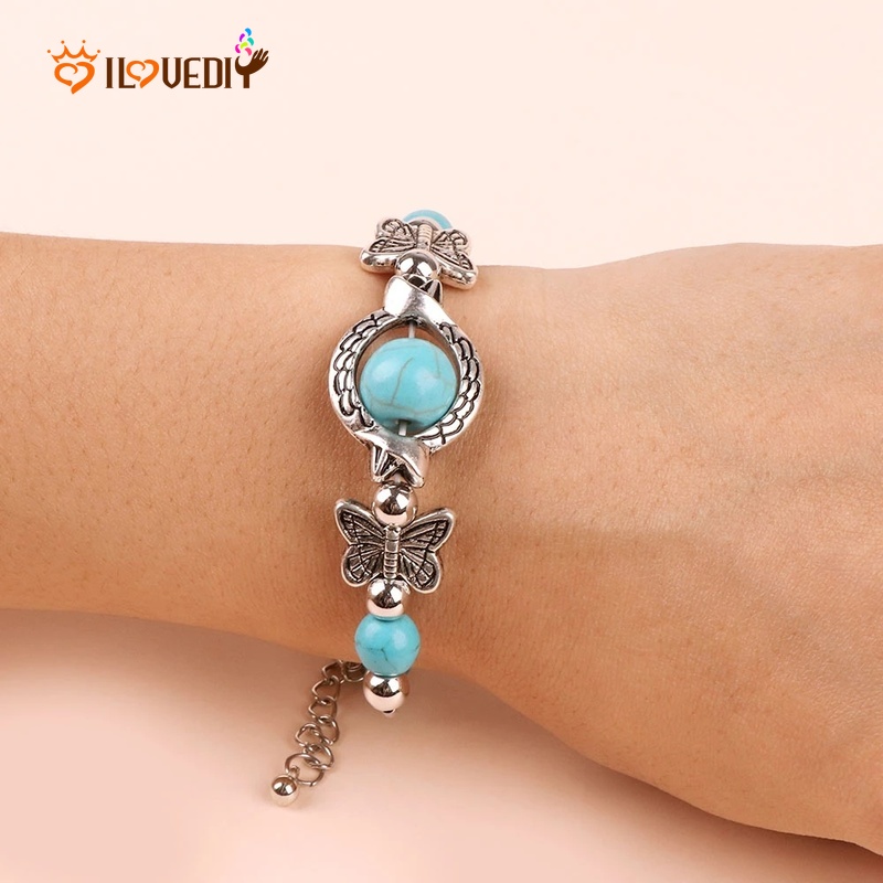 Gelang Liontin Kupu-Kupu Turquoise Gaya Bohemian Untuk Wanita