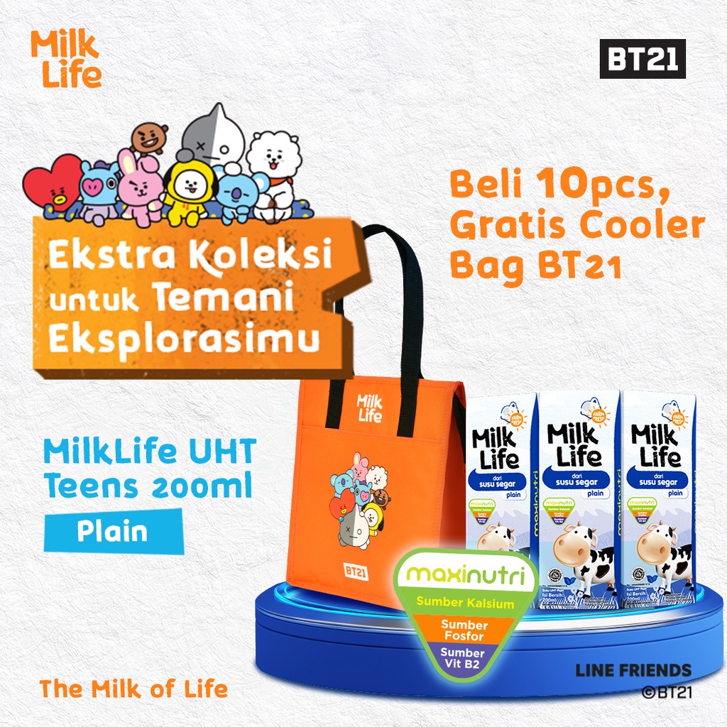 MilkLife Plain - UHT Teens [10 pcs/Tetra Slim Leaf 200 ml] - FREE COOLER BAG BT21