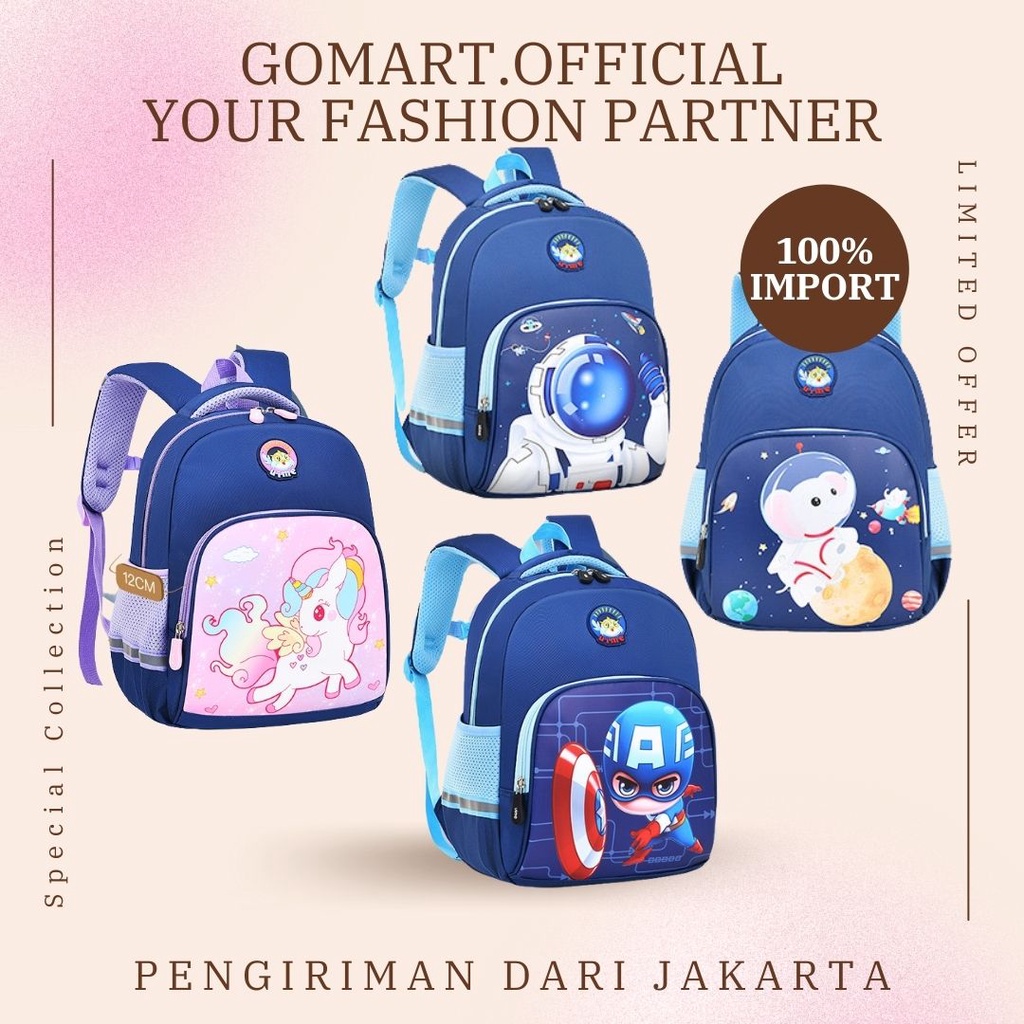 Tas Sekolah Anak Import Premium High Quality Terbaru - Tas Backpack Anak Motif Karakter Lucu -  Tas Ransel Anak Sekolah SD - Tas Anak Karakter Unicorn Captain America Ironman - Backpack Anak Sekolah Unisex [BK12]