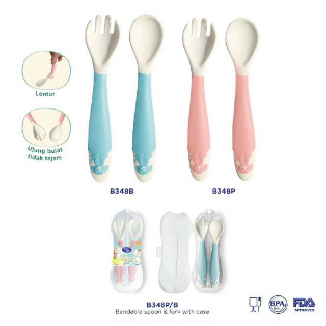 ♥BabyYank♥ BABY SAFE BENDABLE FORK &amp; SPOON B348P B348B / SENDOK GARPU SET BABY SAFE