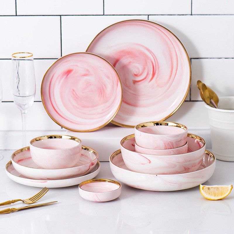 PIRING PINK MARBLE KERAMIK LIST EMAS ELEGAN/ PIRING KERAMIK PINK MOTIF MARMER LIST GOLD ELEGAN MEWAH-4