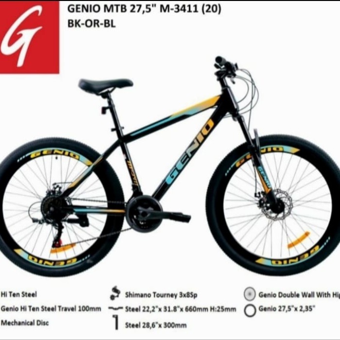 SEPEDA MOUNTAIN BIKE MTB GENIO 27.5 M3411 3x8 SPEED (BLK-ORG)