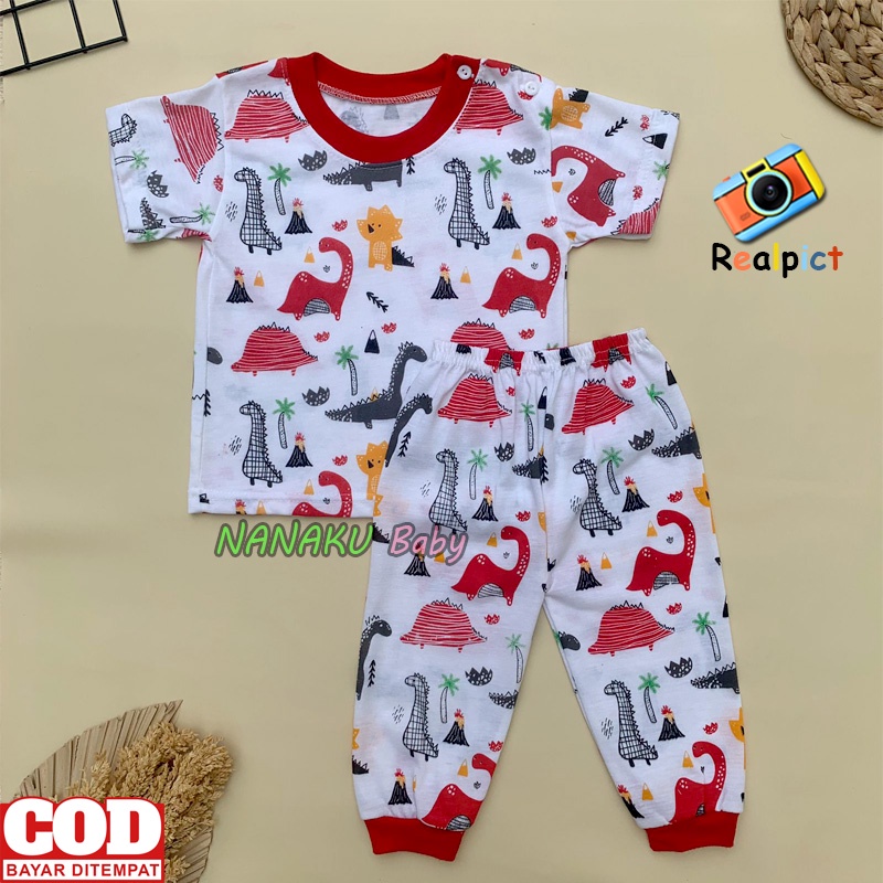 Ana Baby - Setelan abju Bayi Lengan Pendek Celana Panjang Motif Dino Usia 3-12 Bulan