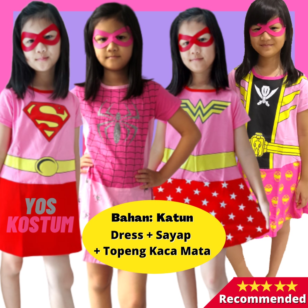 Kostum Anak Superhero Dress Baju Perempuan Supergirl Spider Girl Power Ranger Pink Sayap Topeng