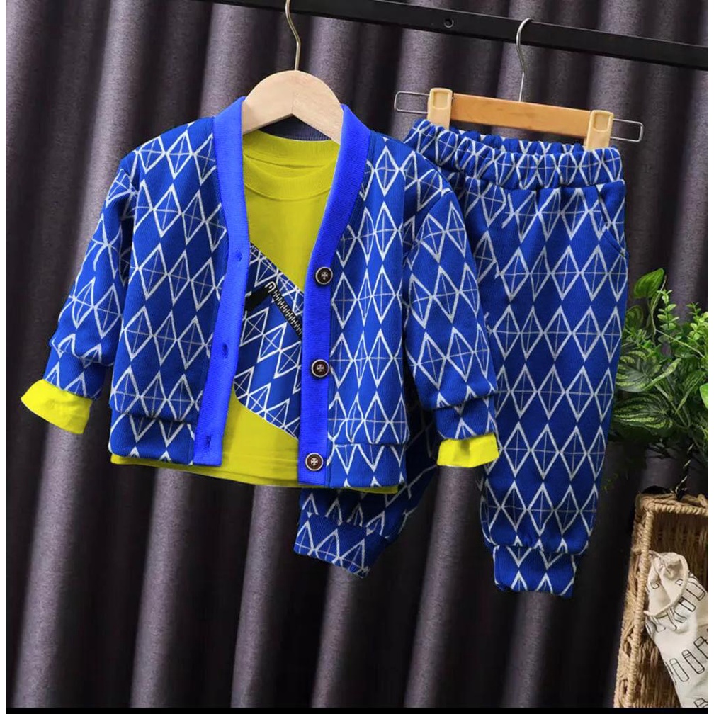 ZAHRA Setelan Anak Perempuan Blue 3 in 1 PREMIUM | Set Baju Anak Laki Laki Umur 1 - 6 Tahun