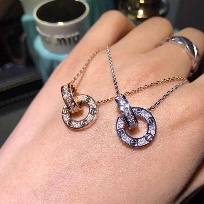 Klasik 18 K Rose Gold Kalung Cinta Ganda Cincin Seri Kalung Penuh Berlian Klavikula Rantai