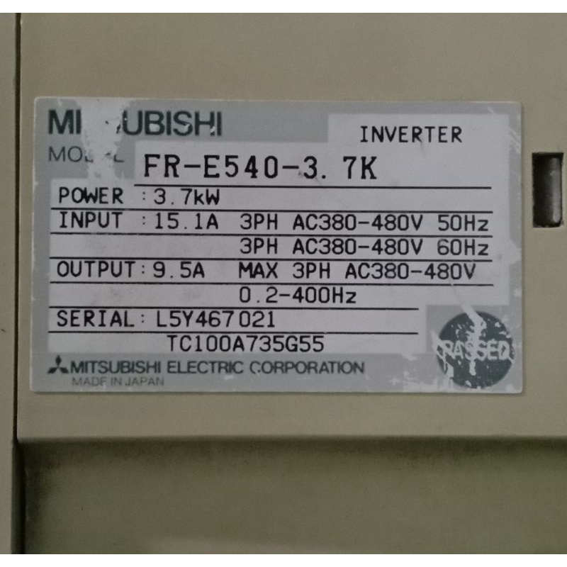 Inverter Drive Mitsubishi 3.7kw/5hp 380V Type FR-E540-3. 7K-CHT