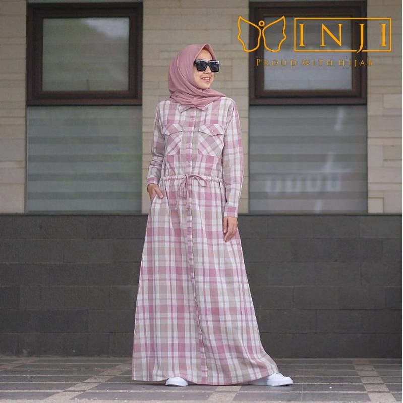 Lesty Dress by Inji Gamis casual katun motif kotak ld 108 pb 138 limited