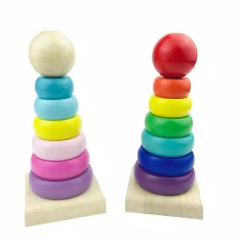 Puzzle Kayu Rainbow Tower Menara Pelangi Ring Donat Kayu