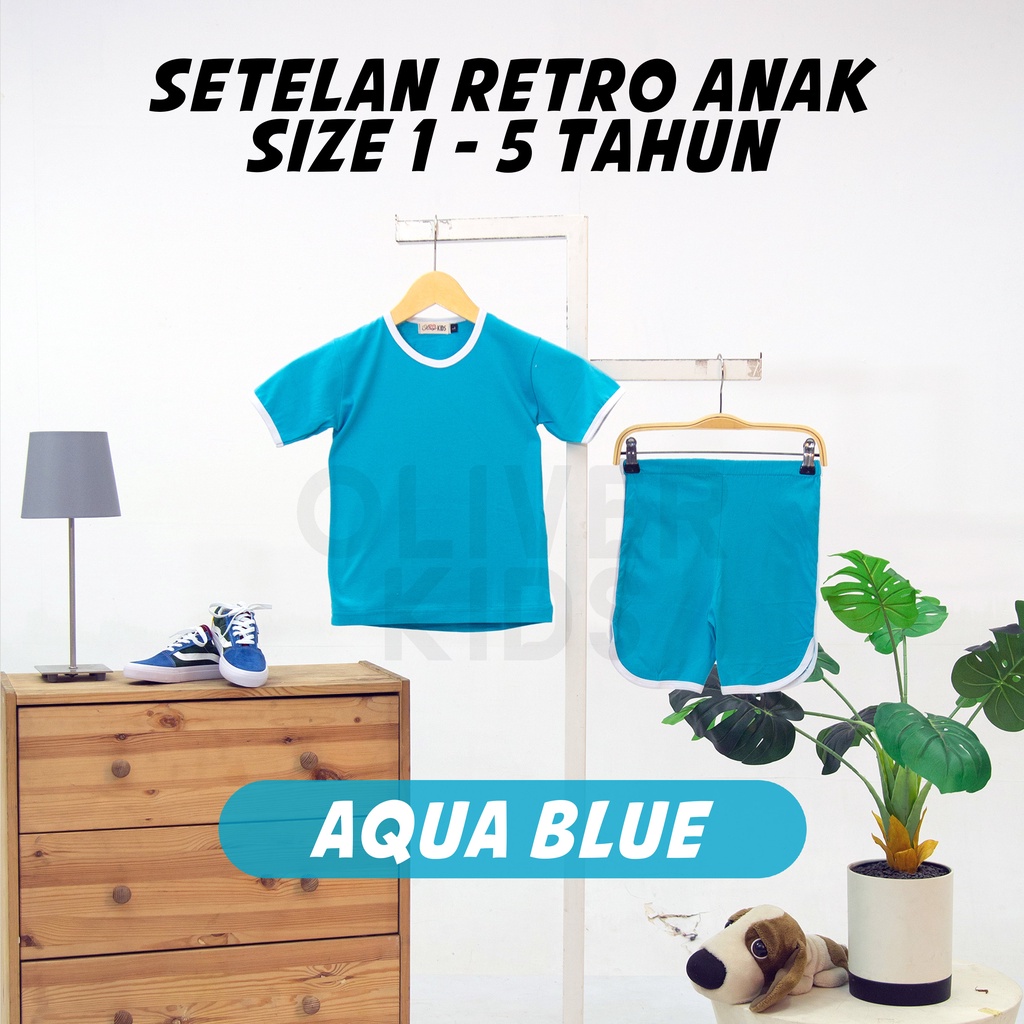 OliverKids Setelan Anak 1-5 Tahun Setelan Kiano Pocket Anak Celana Jogger Dan Baju Anak Polos Katun Combed One Set Henley Tee Setelan Pantai Anak-RETRO BLUE aqua