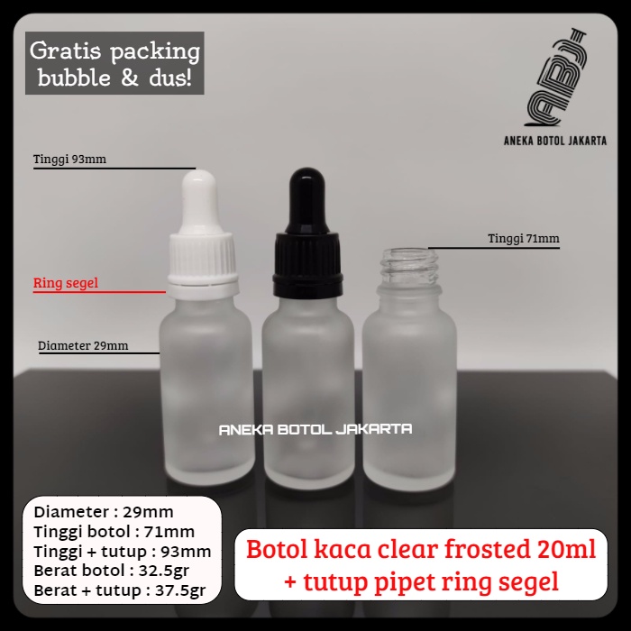 Botol kaca serum clear frosted 20ml pipet tetes ring segel