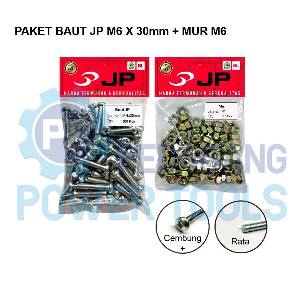 PAKET 2 SET BAUT MUR 6x30 BAUT JP M 6 x 30 MM MUR M6 SKRUP ISI 100 PCS