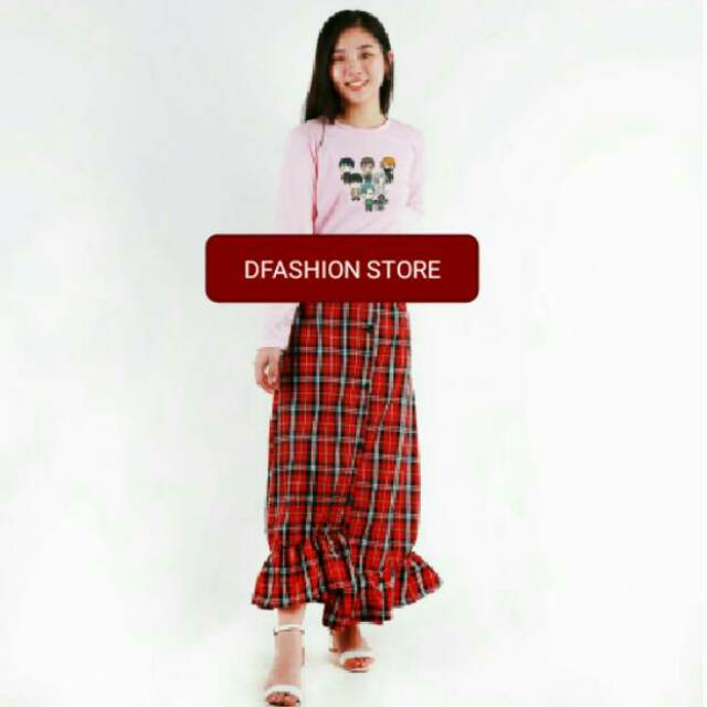 ROK PANJANG WANITA/ ROK KANCING / ROK TARTAN MERAH/ ROK RUFFLE/ ROK KOTAK