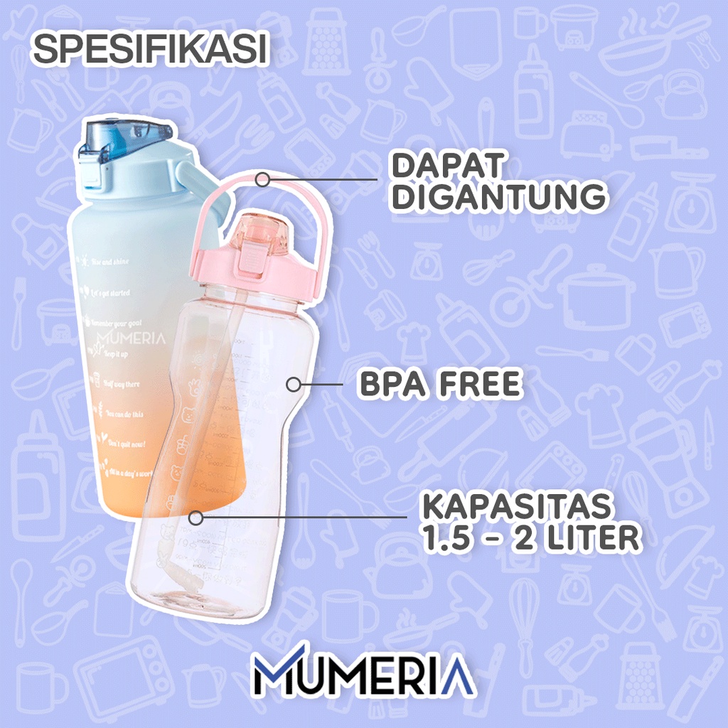 Botol Air Minum Viral 2 Liter &amp; 1,5 Liter Gradasi Bening Korea Gradient Straw 2000 mL Dan 1500 mL Rainbow Motivasi Penanda Waktu Sticker 2D 3D Food Grade Murah Bagus