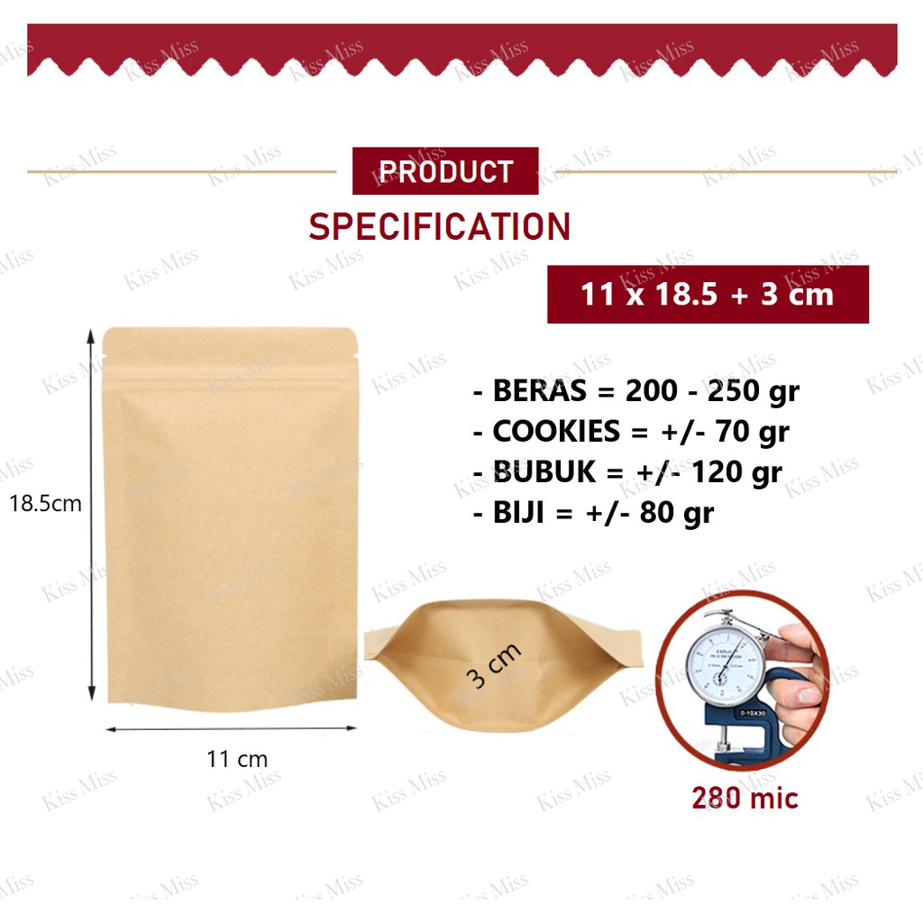 11x18.5 - STANDING POUCH KRAFT PAPER ALU FOIL  - KEMASAN BIJI KOPI - SNACK - BUMBU - BUBUK - TEH