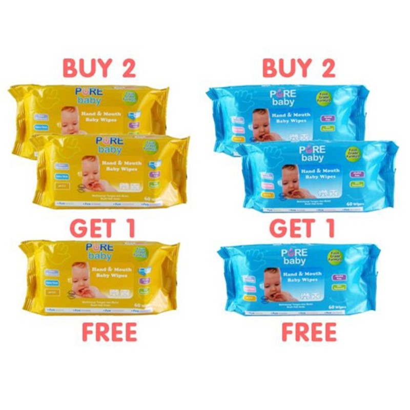 Pure Baby Hand and Mouth Baby Wipes Tissue Basah 60sheet Buy 2 get 1 Tisu Bayi