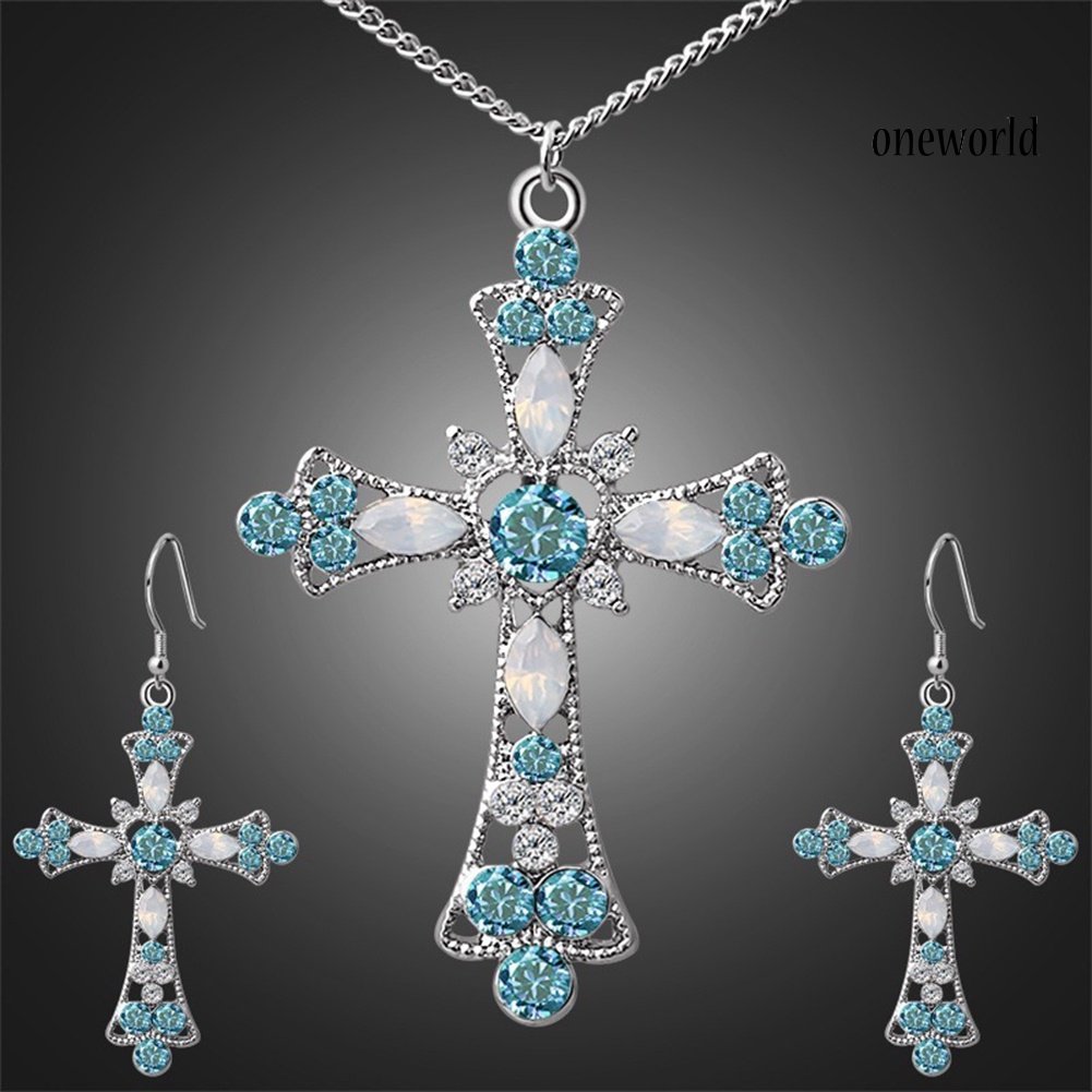 OW@ Women Rhinestone Inlaid Cross Pendant Chain Necklace Hook Earrings Jewelry Set