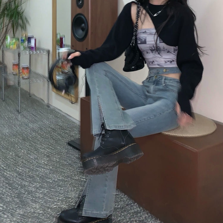 celana jeans high waist wanita slit micro flared high waist jeans women s leg length mopping pants