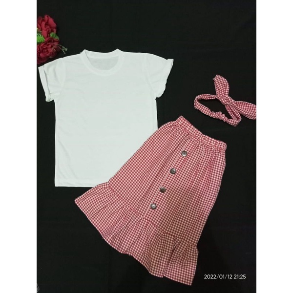 3in1 rok rempel motif kotak anak+atasan polos+ bando