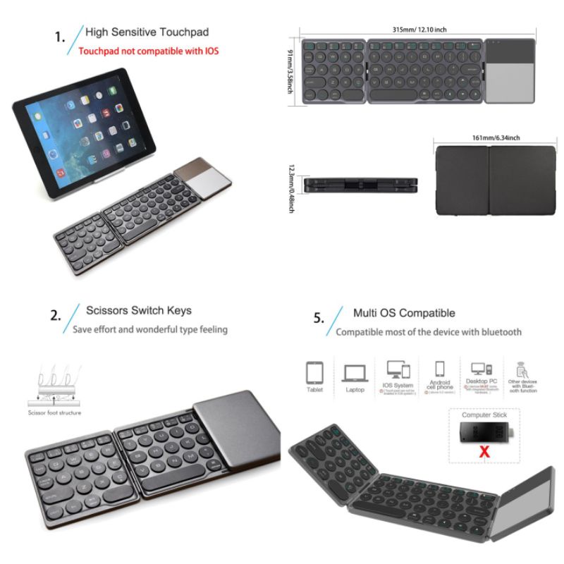 Keyboard Lipat Wireless Bluetooth Three Folding with Touchpad  - Gray