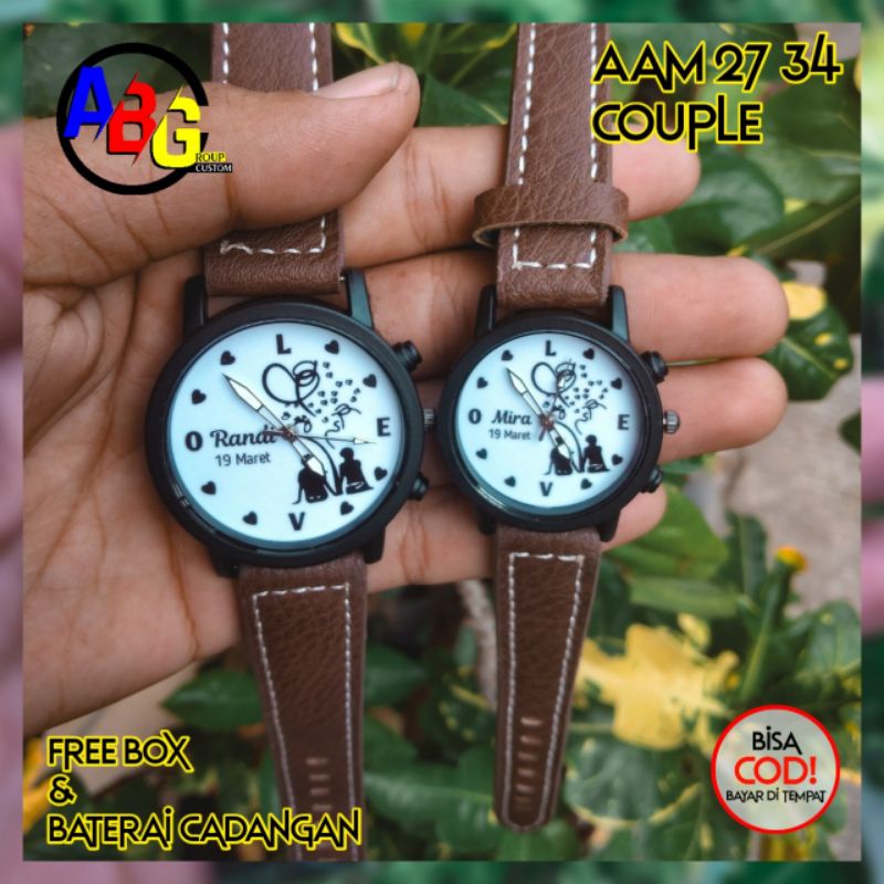 JAM TANGAN COUPLE CUSTOM BISA REQUEST DESAIN BONUS BOX DAN BATRAI CADANGAN