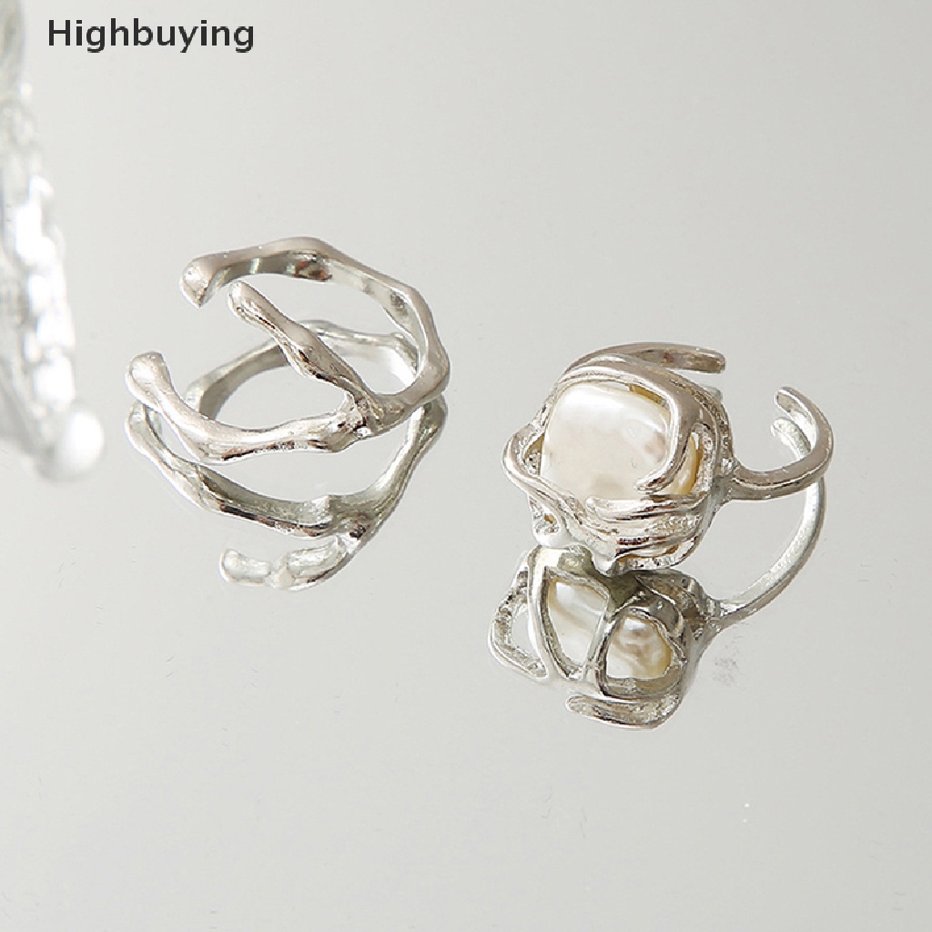 Hbid 2Pcs / Set Cincin Terbuka Gaya Vintage Motif Geometri Gelombang + Mutiara Untuk Perhiasan Wanita Glory