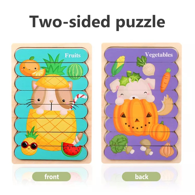 Two Sided Strip Puzzle | 2in1 Stick Puzzle Stik | Wooden Puzzle Kayu | Puzzle Timbul Tebal Dua Sisi | Hewan Binatang Kendaraan Transportasi Kartun | Mainan Edukatif Edukasi Anak Balita