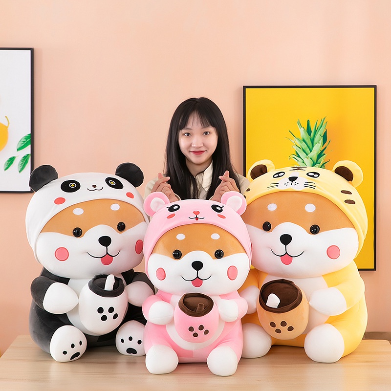 Boneka shiba pegang bubble tea costume lucu bahan plush